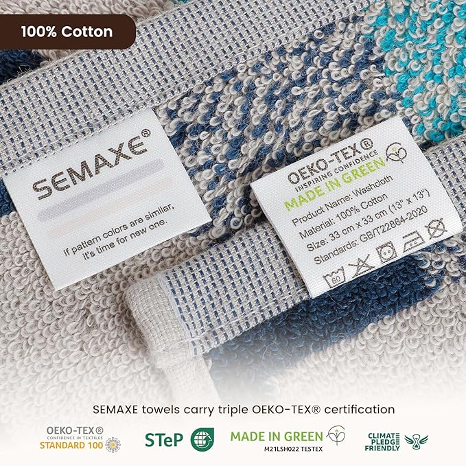 SEMAXE 100% Cotton Washcloths 12-Pack, 13 × 13 Inch Soft Luxury Face Towels – Super Absorbent & Quick-Dry, Premium Cloth with Hanging Loop, Oeko-TEX Certified, Gift-Ready Box