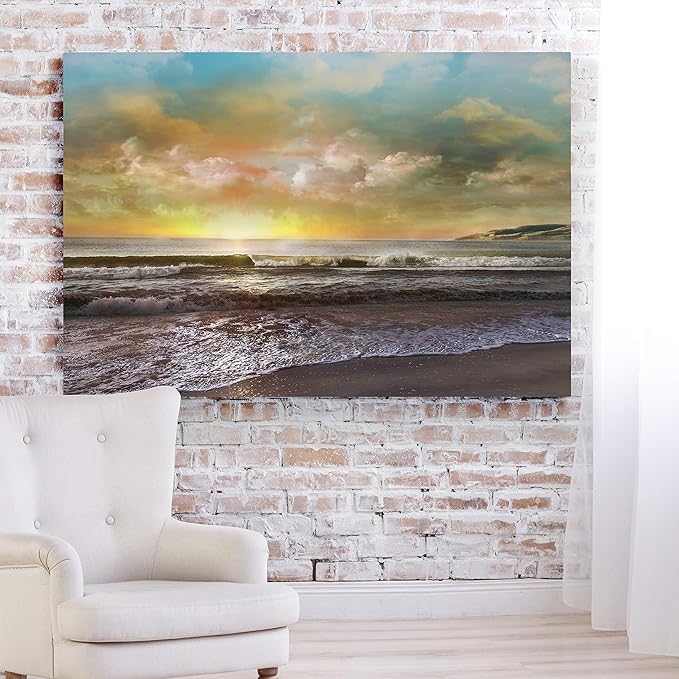 Renditions Gallery Canvas Nature Art Landscape View of Dusk at Calm Ocean Beach Wall Hanging Prints for Office Home Kitchen Decorations - 12"X18" LT08