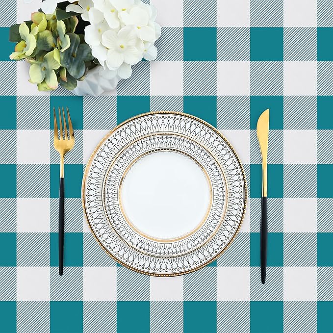 misaya Rectangle Waterproof Vinyl Table Cloth, Buffalo Flannel Backed Tablecloth, Wipeable Plastic Table Cover for Dinner, Kitchen, Outdoor (52" x 70", Turquoise and White)