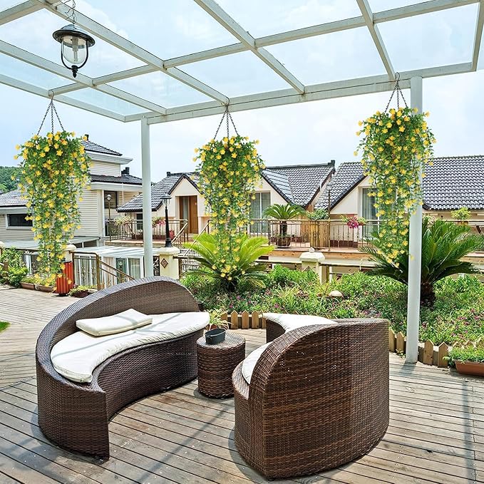 SJL Faux Hanging Plant Artificial Hanging Plants Indoor Ferns for Outdoors 4pcs Fake Plants Vines Eucalyptus Leaf Plastic Flowers Real Touch All Year Round Decor Arch Porch (Yellow)