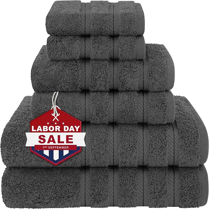 American Soft Linen Luxury 6 Piece Towel Set, 2 Bath Towels 2 Hand Towel 2 Washcloths, 600 GSM 100% Cotton Turkish Towels for Bathroom, Dark Gray Towel Sets
