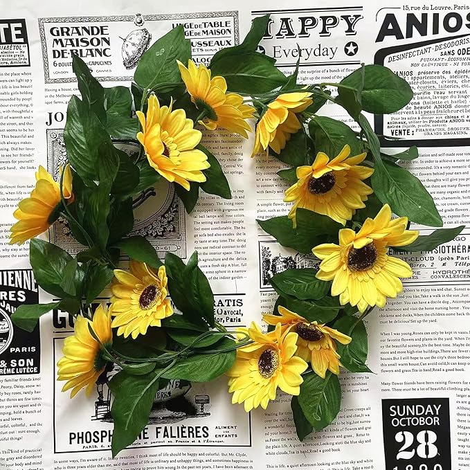 UKELER 4 Pcs Yellow Sunflower Garland Home Decorative Artificial Sunflower Vines Fake Greenery Hanging Plant Artificial Flowers for Wedding Thanksgiving Party Garden Wall Craft Art Décor