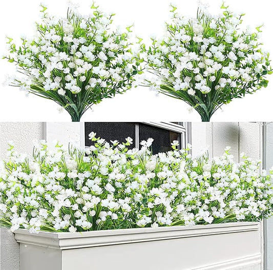 Sggvecsy Artificial Flowers for Outdoors 24 Bundles UV Resistant Boxwood Shrubs Artificial Eucalyptus Fake Plants Faux Plastic Greenery for Farmhouse Garden Home Indoor Outdoor Decoration（White）