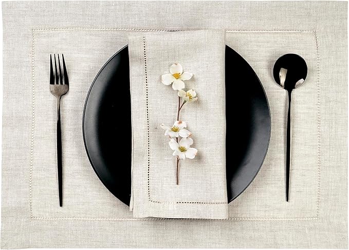 D'Moksha Homes Light Natural Linen Cloth Placemats Set of 4-100% Pure Linen Hemstitch Placemats 14 x 19 Inch - Classic Hemstitch Table Place Mats for Fall, Halloween - Handcrafted, Machine Washable