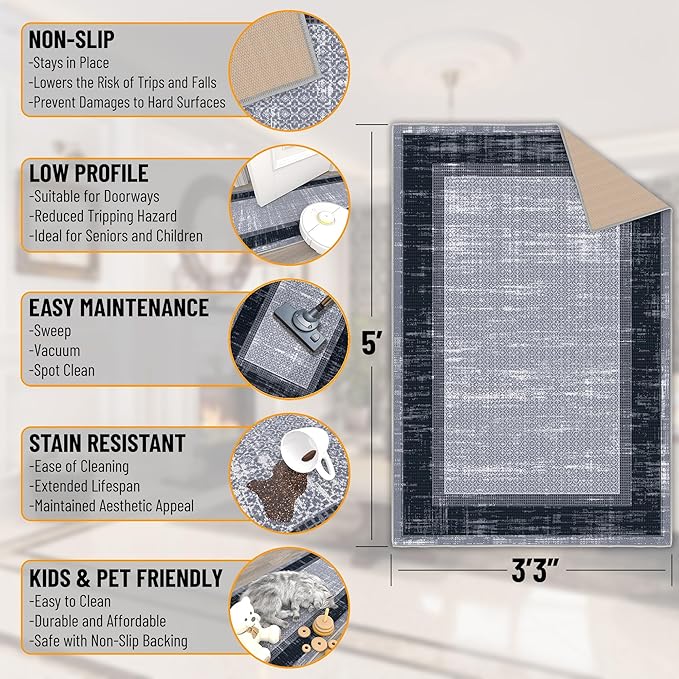Ottomanson 3'3" x 5' Rugs for Living Room Border Area Rug for Bedroom - Non Slip Durable Large Floor Carpet for High Traffic Areas - Indoor Rug for Dining Room Kitchen Kids Playroom, Gray/Navy