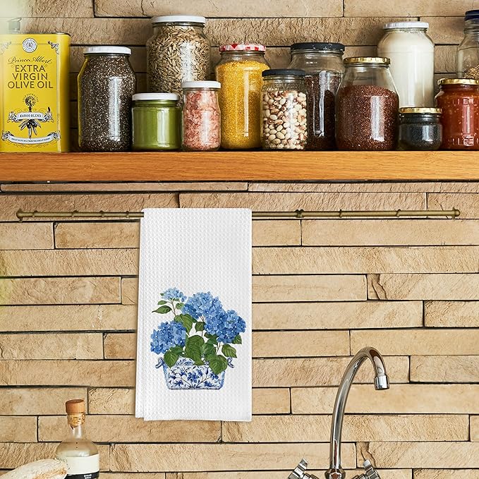 Chinoiserie Kitchen Towels 16x24 Inches - Blue and White Hydrangea Floral Dish Towels, Decorative Hand Towels for Bathroom and Kitchen