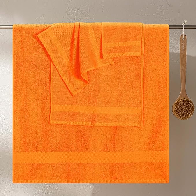 GLAMBURG Ultra Soft 8-Piece Towel Set - 100% Pure Ringspun Cotton, Contains 2 Oversized Bath Towels 27x54, 2 Hand Towels 16x28, 4 Wash Cloths 13x13 - Ideal for Everyday use, Hotel & Spa - Orange