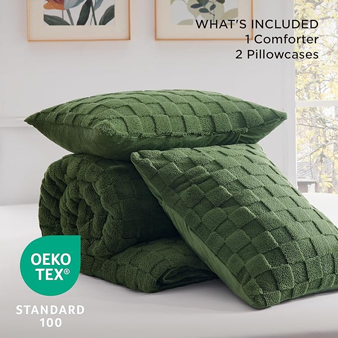 Bedsure King Size Fluffy Comforter Set, Olive Green Plush Fleece Bed Set King, Checkered Farmhouse Boho Soft Warm Bedding for Winter, 1 Comforter (104"x90") and 2 Pillowcases (20"x36")