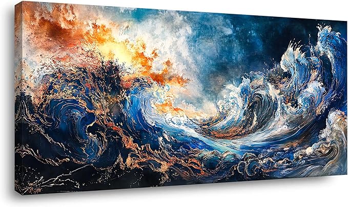 ZESTFLICKR Wall Art of Ocean Wave Abstract Canvas Blue Print Modern Artwork Pictures Magnificent for Living Room Bedroom Home Office Kitchen Decor (28x58 inches)