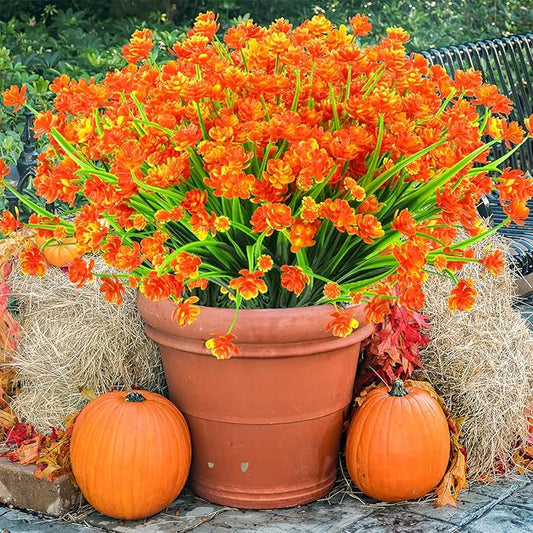 AmyHomie 20 Bundles Artificial Fall Flowers for Outdoor UV Resistant Faux Flowers No Fade Fake Plastic Plants Wildflowers Spring Flowers Garden Porch Window Box Decorating Fall Decor (Orange)