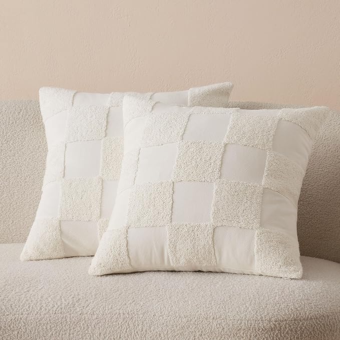 Double Stitch Checkered Throw Pillow Covers - 100% Cotton Set of 2 Tufted Boho Decorative Pillow Covers 20x20, Made in India, Square Cushion Case, Modern Home Decor for Couch, Sofa, Living Room, Cream