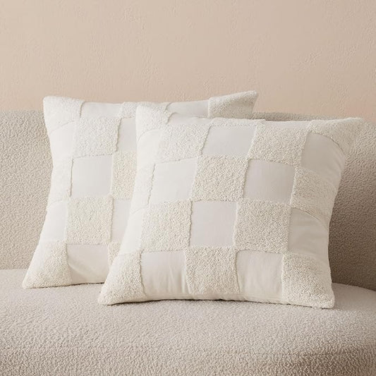 Double Stitch Checkered Throw Pillow Covers - 100% Cotton Set of 2 Tufted Boho Decorative Pillow Covers 20x20, Made in India, Square Cushion Case, Modern Home Decor for Couch, Sofa, Living Room, Cream
