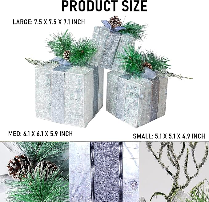 Hourleey Set of 3 Christmas Lighted Gift Boxes, Pre-lit 60 LED Light Up Present Boxes Ornament Outdoor White Tinsel Boxes Decoration for Indoor Christmas Home Yard Lawn Decor