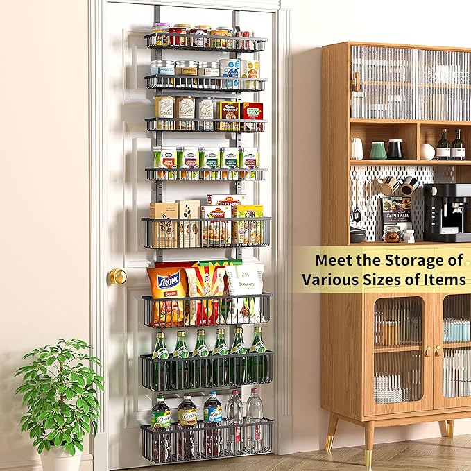 Moforoco Over The Door Pantry Organizer, Pantry Door Organizer Shelves, Kitchen Organizers and Storage, Hanging Basket Wall Spice Rack Seasoning Shelves, Laundry Room Bathroom accessories（Black