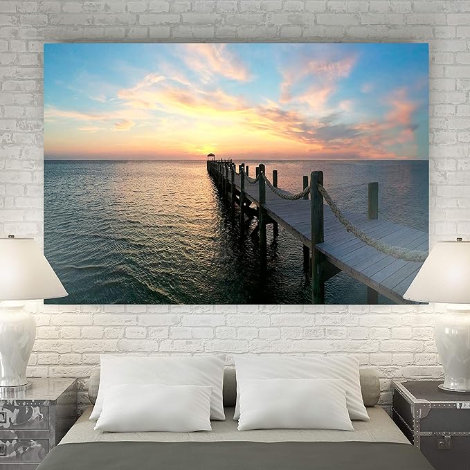 Renditions Gallery Canvas Nature Art Landscape View of Orange Sunset at Ocean Pier Wall Hanging Prints for Office Home Kitchen Decorations - 32"X48" LT08