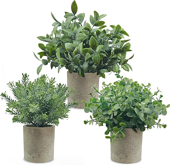 USLAI 3-Pack Mini Fake Plants, Artificial Potted Eucalyptus Faux Plants Topiaries for Home Office Shelf Desk Farmhouse Room Coffee Table Decor