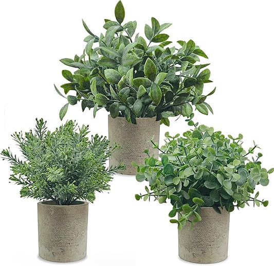 USLAI 3-Pack Mini Fake Plants, Artificial Potted Eucalyptus Faux Plants Topiaries for Home Office Shelf Desk Farmhouse Room Coffee Table Decor