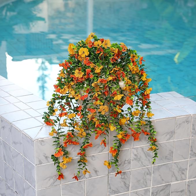 4 Pcs Fall Artificial Hanging Flowers for Outdoors,Fake Hanging Plants,Artificial Mums for Outdoors,Fall Decorations for Home,Outdoor Fall Decor(Orange&Yellow)