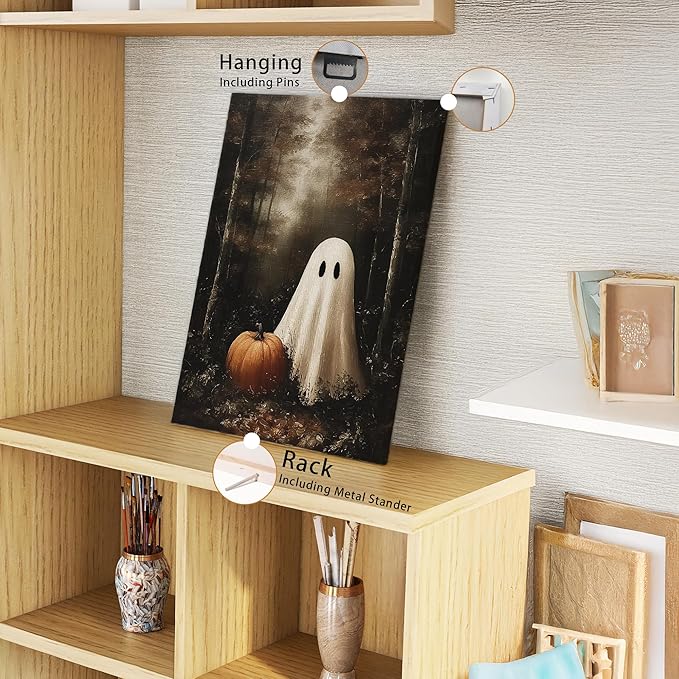 FTKBGHY Vintage Halloween Ghost Canvas Wall Art Framed, Halloween Room Decor, Spooky Ghost Pumpkin in Haunted Forest Poster Prints Wall Decorations for Bedroom Living Room Home, 11x14 Inch