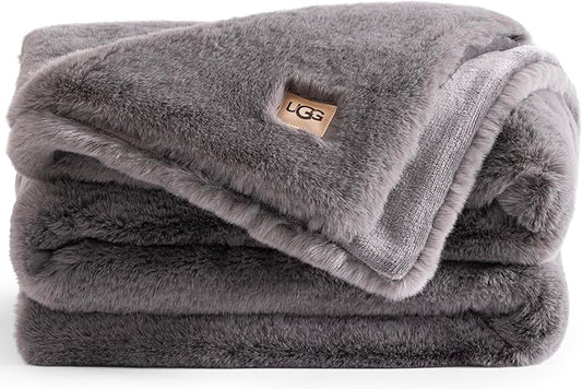 UGG Plush Faux Fur Throw Blanket Reversible Medium Weight Luxury Soft Throw Blankets for Bed or Chair, Hypoallergenic, Machine Washable, Home Decor, 50-inch x 70-inch, Charcoal Dark Grey (Euphoria)