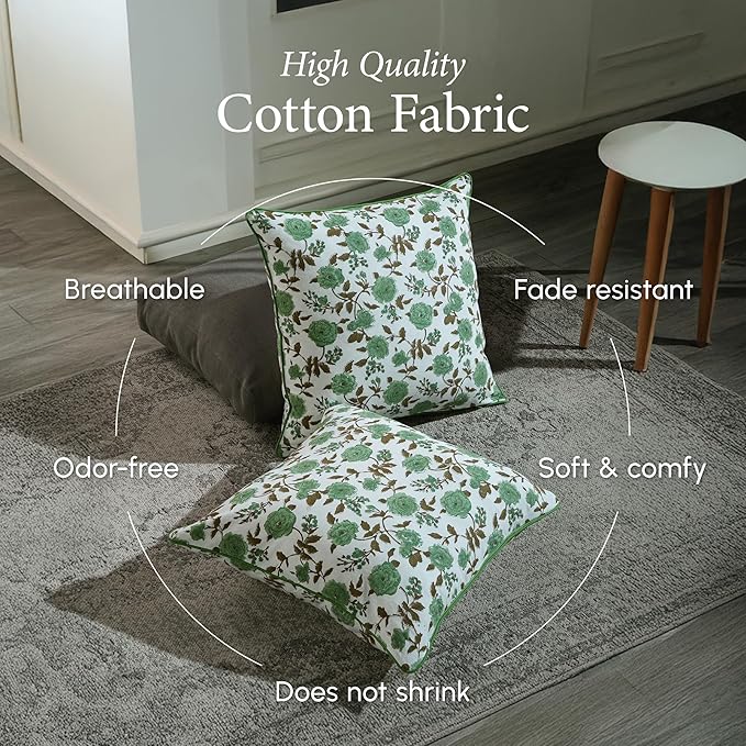 CPC 100% Cotton Throw Pillow Covers 18x18 Inch, Set of 2 Green Block Print Pattern Couch Pillow, Cute Boho Decorative Pillows for Living Room, Bedroom with Hidden Zipper- Moss Green