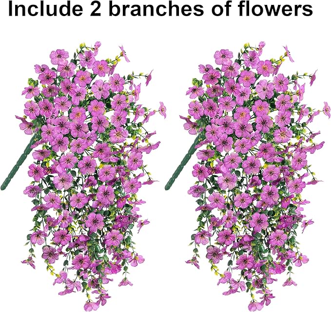 Artificial Flowers for Outdoors Garland Decoration, 2Pcs Purple Fake Hanging Flowers, UV & Fading Resistant, Faux Decor for Home Porch Patio Balcony Planter Yard
