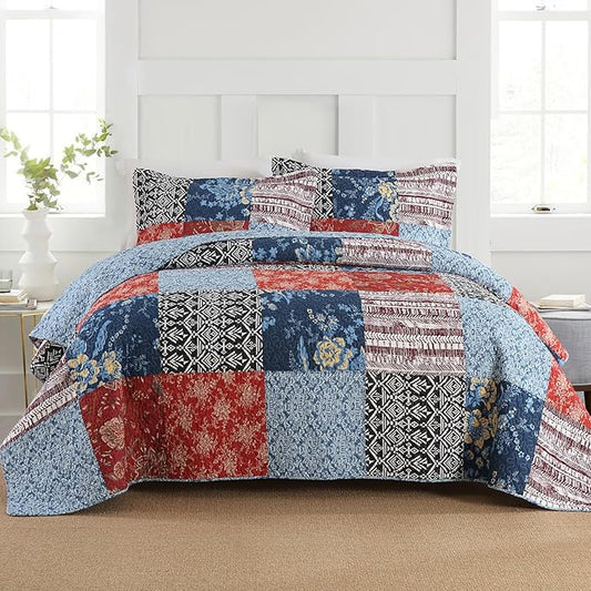 Secgo Twin Comforter Set for Bed - 100% Cotton Quilts Twin Size, Black Bedspreads (68 * 86 Inch) with 2 Pillow Shams, Patchwork Reversible Lightweight Bedding