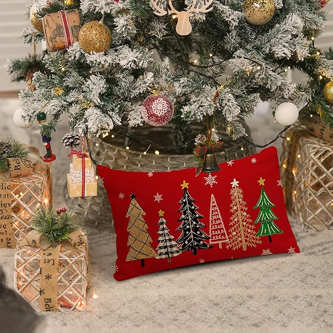 Christmas Pillow Cover 12X20 Inch Red Green Christmas Tree Stars Decoration Holiday Farmhouse Winter Pillow Case for Sofa Couch Decor