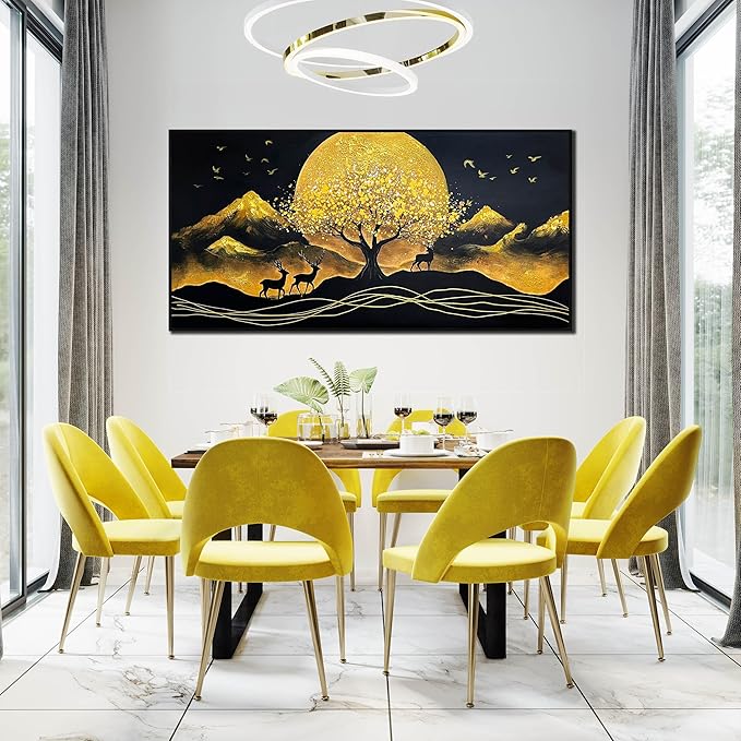 CIRABKY Moon Hand Painted Wall Art for Bedroom - Tree Black and Gold Canvas Wall Decor for Living Room Large Size - Black Frames Artwork Size 29" x 59"