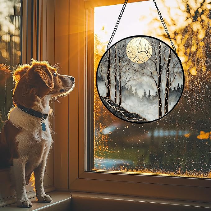 Stained Glass Window Hanging - Black and White Gold Moon Forest Sun Catcher for Door Home Decor Suncatcher Christmas Mother's Day Birthday Gifts for Women Men Lovers Mom Nana 7.8 in