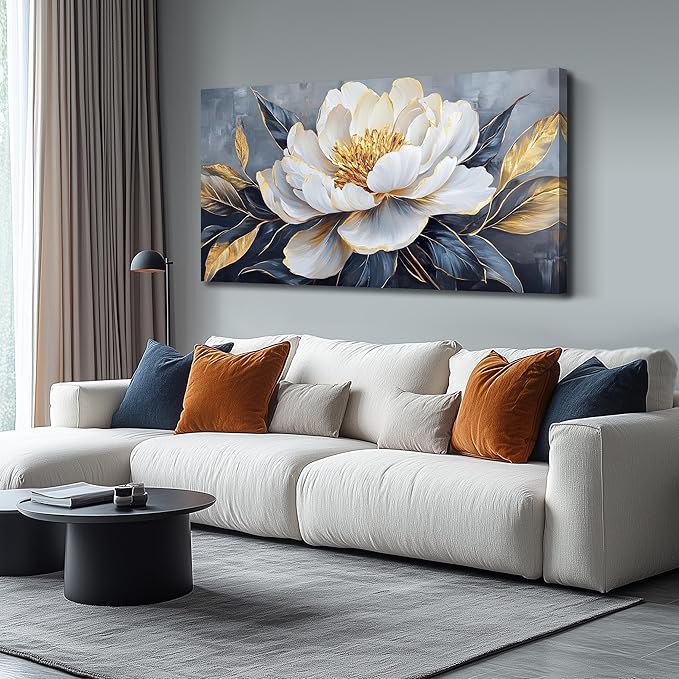 AOZEMI White Flowers Wall Art for Living Room Floral Beautiful Picture Gold Canvas Art Nature Wall Decor Bedroom 24"x 48"