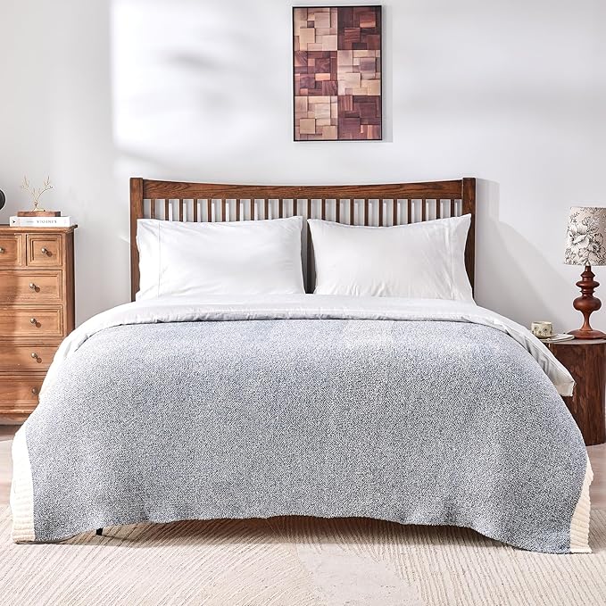 CozeCube Melange Blanket, Ultra Soft Blue and White Throw Blanket, Warm Cozy Knit Fuzzy Plush Reversible Throw for Couch Bed Sofa, 60"x80"