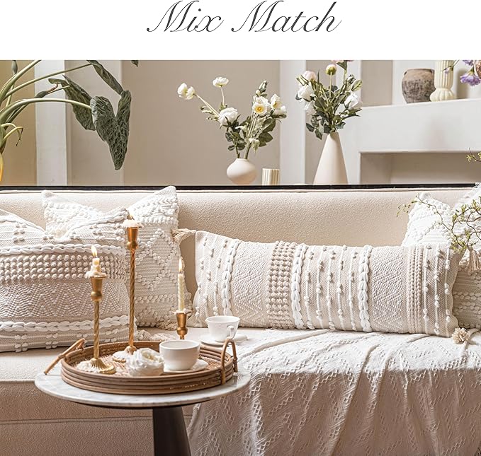Cream Decorative Lumbar Throw Pillow Cover 14x36 Boho Long Cushion for Bed Neutral Beige White Accent Modern Farmhouse Pillowcase for Bedroom Living Room Couch Sofa Home Décor Cover ONLY