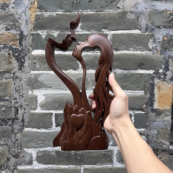 Wooden Kissing Couple Ornament, Abstract Couple Portrait Sculpture Romantic Love Statue Decor Gift for Women Anniversary Valentine Wedding - 10 Inch