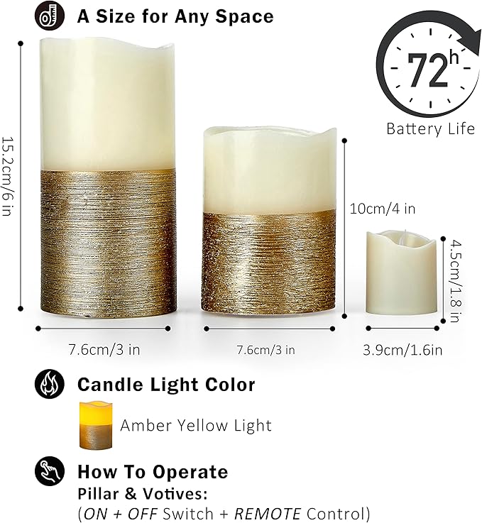 FURORA LIGHTING Gold Real Wax Trim Candles with Remote and Timer, Pack of 8 Pillar & Votive Candles, LED Flameless Flickering Candle for Home Décor, Battery Included