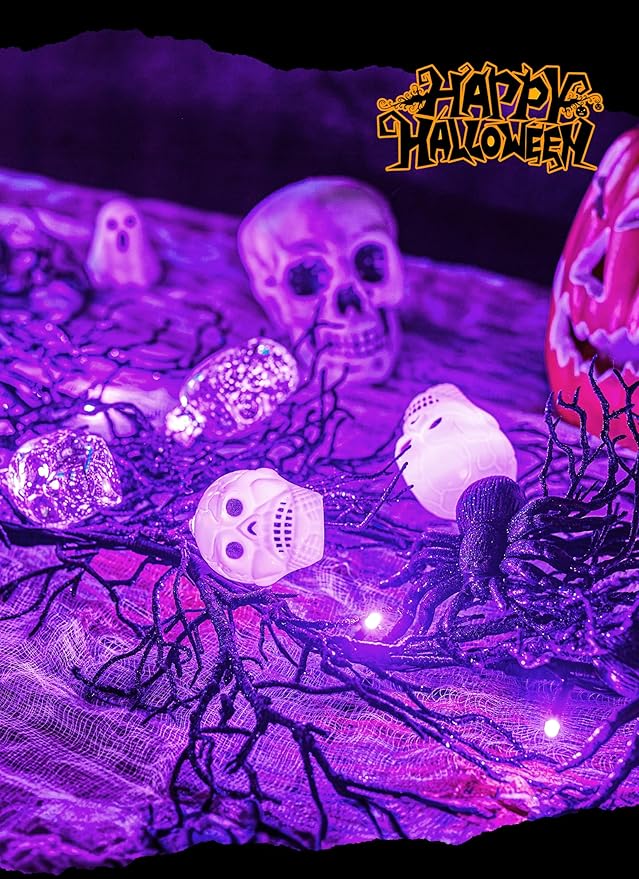 Brightown Halloween Decorations Garland with Lights, 6 Feet 20 LED Purple Lights Vine Garland with Spider, Skull, Battery Operated for Fireplace Mantle Wall Table Door