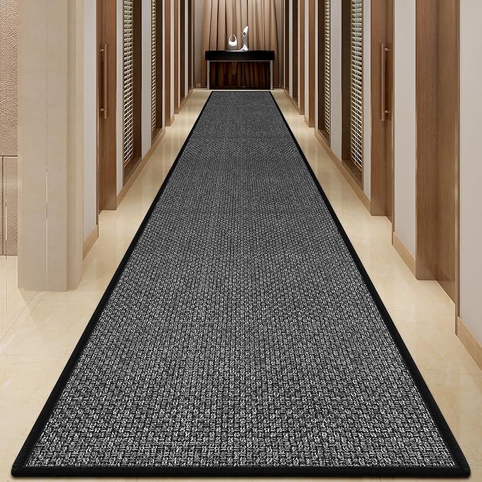 GOYLSER 20 ft Jute Bathroom Rug Runner, Rubber Backed Extra Long Carpet Runners for Hallway, Black Indoor Entryway Runner Rug