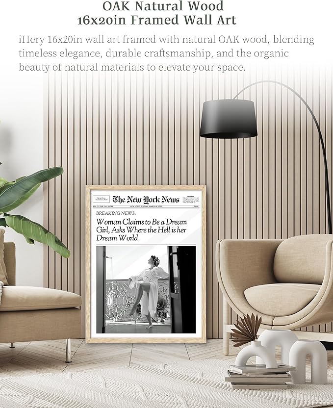 iHery Natural OAK Wood Newspaper Trendy Framed Wall Art, Large 16x20 in Vintage Headline Canvas Wall Art, Beige Retro Bedroom Decor, Woman Claims to Be a Dream Girl, Living Room Apartment Set of 1