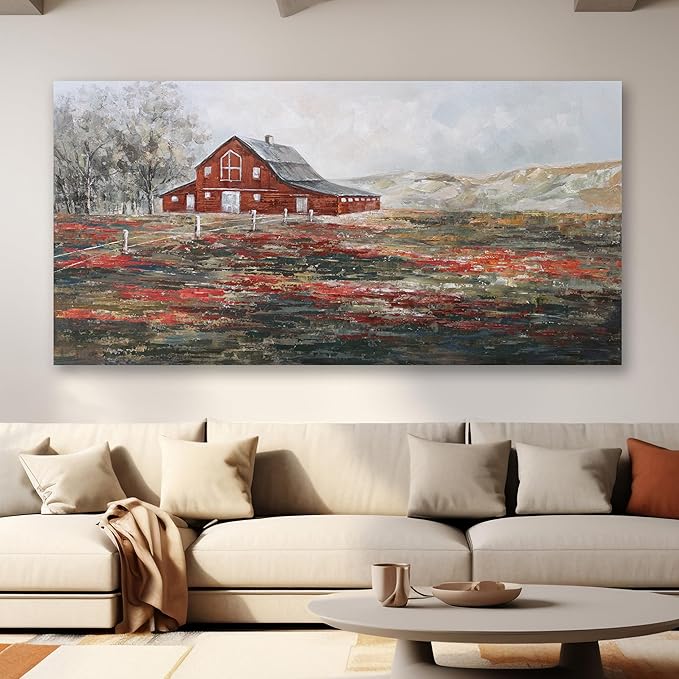 Farmhouse Wall Art Canvas Picture Red Rustic Barn Farm Artwork Decor Country Landscape Panoramic Countryside Rural Nature Scene Painting for Living Room Bedroom Office Decor Wall Decor 29"x58"