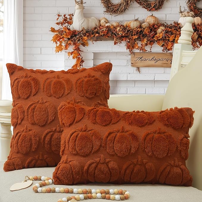 GEEORY Fall Pumpkins Soft Plush Pillow Covers, 12 x 20 Inch Set of 2, Fluffy Faux Fur Wool Decorative Farmhouse Cushion Case for Sofa Home Decoration Rust Pumpkin GC019-12