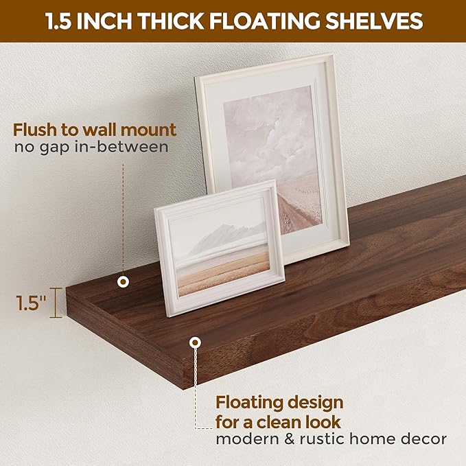 Floating Shelves for Wall, 16x9.3 Wall Shelves Set of 2, Rustic Deep Bathroom Shelf, 9.3 Inch Deep Floating Shelf for Home Decor & Storage, Deep Shelves for Kitchen, Bedroom, Walnut Color