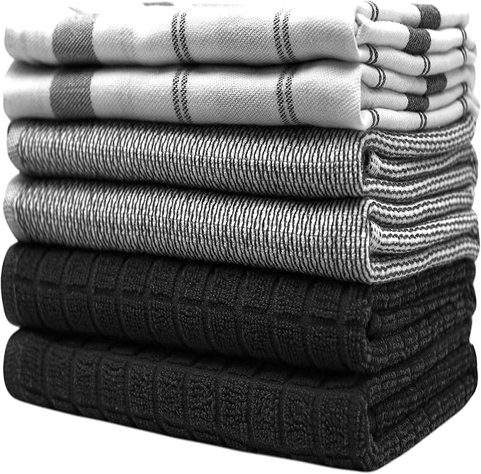 Premium Kitchen Towels (20”x 28”, 6 Pack) | Large Cotton Hand Towels | Flat & Terry Dish Towels | Highly Absorbent Tea Towels Set with Hanging Loop | Black Check