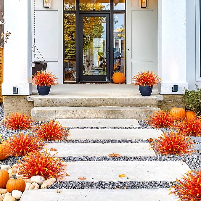 Artificial Fake Plants Flowers for Outdoors Fall Decor, 12 Bundles Fall Leaves Faux Lavender Flowers for Autumn Decoration, Fake Shrubs UV Resistant Planter No Fade for Garden Porch Balcony(Brown)