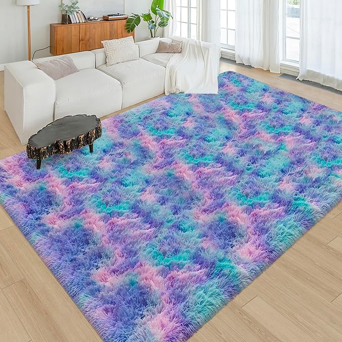 Tie-Dye Purple Rainbow Soft Shaggy Fluffy Rug for Living Room 6x9ft Anti-Skid Durable Area Rug Mat Bedside Throw Rug for Bedroom Kids Room Boys Teens Nursery Dorm Office Home Decor Carpets