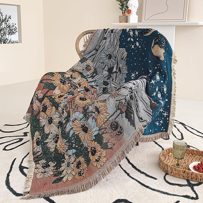 Boho Throw Blanket for Bed Couch Sofa Reversible Cotton Bohemian Travel Boho Quilt Mexican Muslin Blanket Tapestry Hippie Room Decor Outdoor Blanket Double Sided (Boho Flower Dark 5 70"x90")