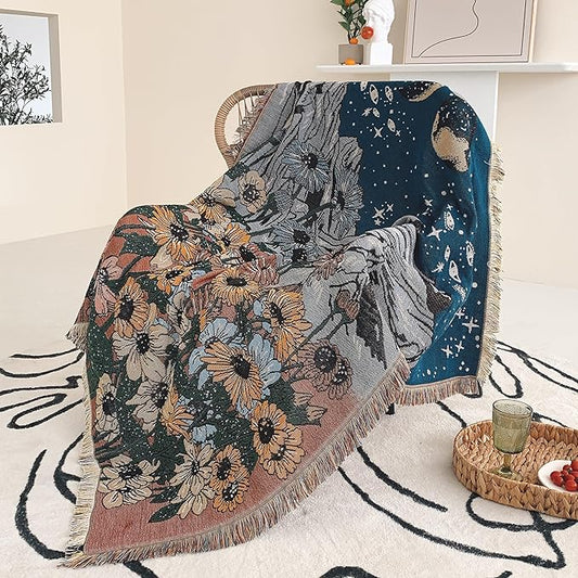 Boho Throw Blanket for Bed Couch Sofa Reversible Cotton Bohemian Travel Boho Quilt Mexican Muslin Blanket Tapestry Hippie Room Decor Outdoor Blanket Double Sided (Boho Flower Dark 5 60"x80")