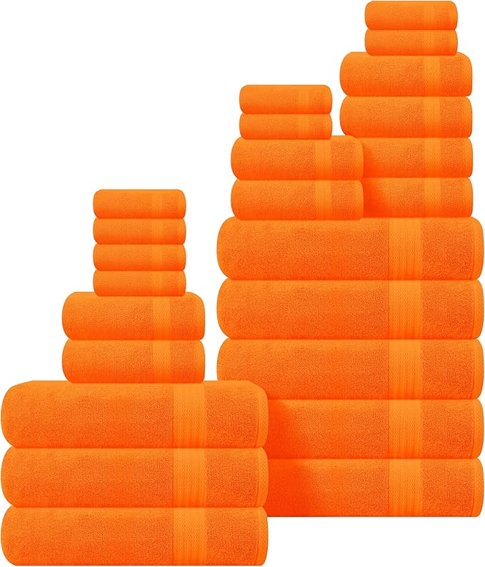 GLAMBURG Ultra Soft 24-Piece Towel Set - 100% Pure Ringspun Cotton, Contains 8 Oversized Bath Towels 27x54, 8 Hand Towels 16x28, 8 Wash Cloths 13x13 - Ideal for Everyday use, Hotel & Spa - Orange