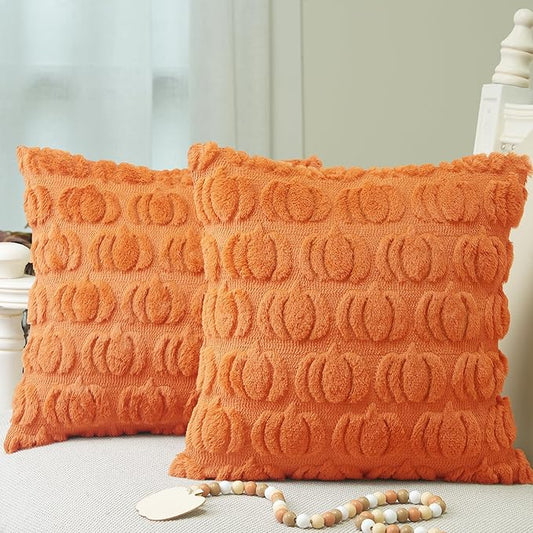 GEEORY Fall Pillow Covers 18 x 18 Inch Set of 2, Fall Decorations Pumpkins Soft Plush Fluffy Faux Fur Wool Decorative Autumn Farmhouse Cushion Case for Sofa Orange GC018-18