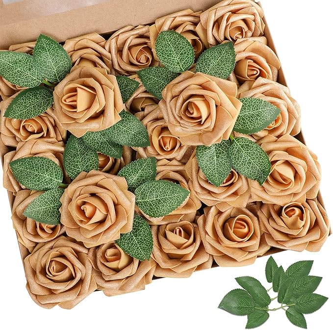 AmyHomie Artificial Flower Gold Rose 25pcs Real Looking Fake Roses w/Stem for DIY Wedding Bouquets Centerpieces Arrangements Party Baby Shower Home Decorations