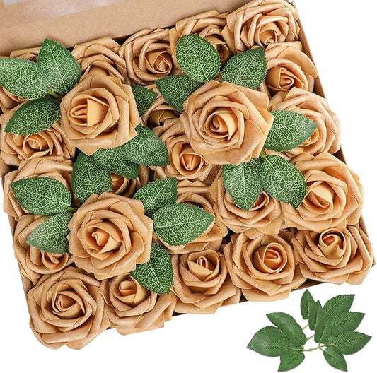 AmyHomie Artificial Flower Gold Rose 25pcs Real Looking Fake Roses w/Stem for DIY Wedding Bouquets Centerpieces Arrangements Party Baby Shower Home Decorations